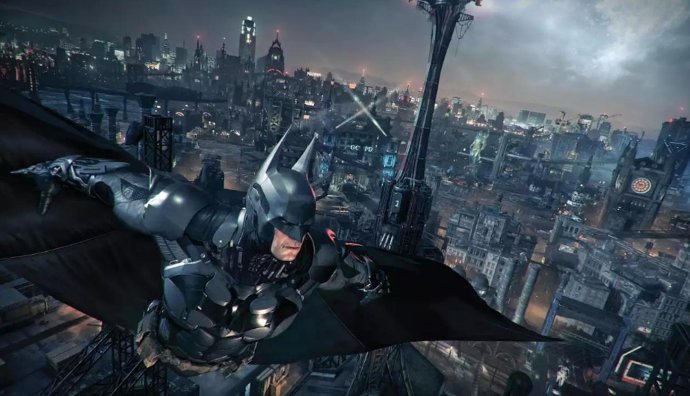 Снимок экрана игры Batman Archam Knight. Изображен Бэтман в полете, с открывающимся видом на город 