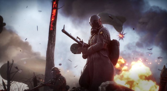 Скриншот игры Battlefield 1. Изображен солдат с оружием на поле боя
