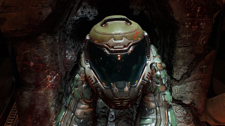 Кадр из игры Doom 2016 для ее обзора. Изображен шлем Воина Рока
