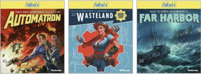 Обложки трех первых дополнений к игре Fallout 4. Automatron, Wasteland Workshop и Far Harbor соответственно