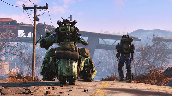 Fallout 4: Automatron снимок экрана дополнения к игре. Изображен герой с роботом