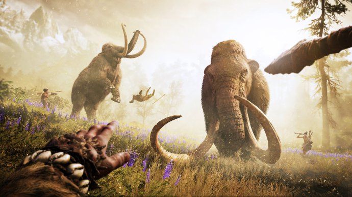 Скриншот игры Far Cry Primal. Герой атакует дикое животное.