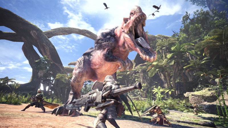 Скриншот игры Monster Hunter World - изображены динозавры и дикий мир