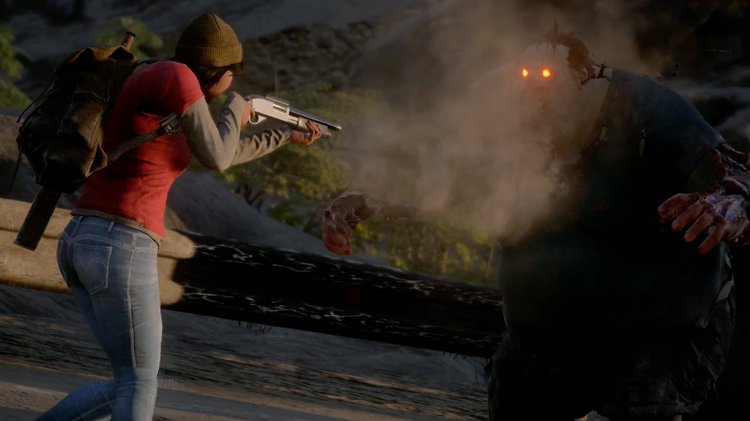 кадр из игры state of decay 2 изображена выжившая стреляющая в зомби